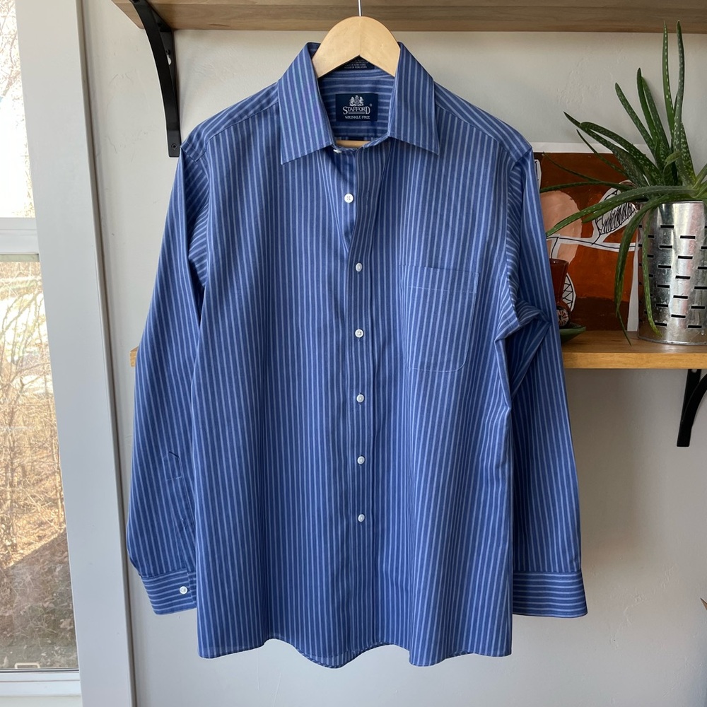 Stafford Blue Stripes Broadcloth Wrinkle Free Dress Shirt Size 16 34/35